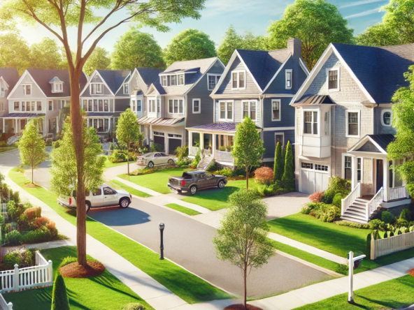 DALL·E 2024 12 17 01.20.49 A beautiful suburban neighborhood in Norwood MA featuring modern single family homes and condos. The scene includes well maintained houses with clas