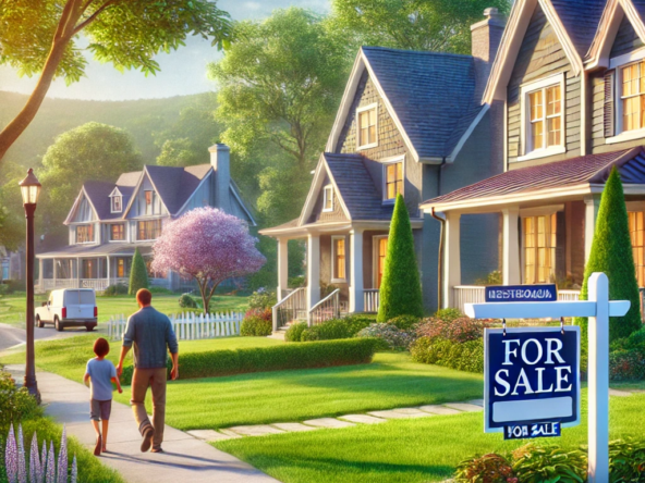 DALL·E 2025 01 19 11.17.15 A picturesque suburban neighborhood in Westborough MA featuring charming single family homes with well maintained lawns and a peaceful tree lined s