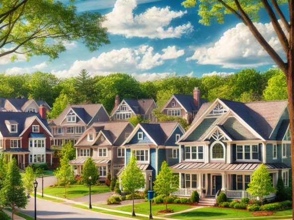 DALL·E 2025 01 19 11.23.58 A picturesque suburban neighborhood in Shrewsbury Massachusetts featuring beautiful single family homes with modern and classic New England architec