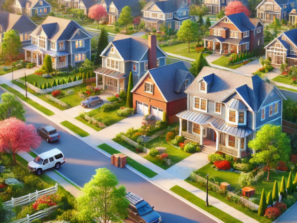 DALL·E 2025 02 17 23.22.50 A picturesque suburban neighborhood in Franklin MA featuring beautiful colonial style and modern homes with well manicured lawns tree lined streets