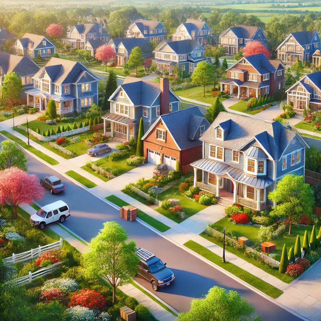 DALL·E 2025 02 17 23.22.50 A picturesque suburban neighborhood in Franklin MA featuring beautiful colonial style and modern homes with well manicured lawns tree lined streets