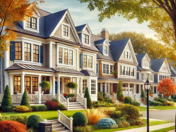DALL·E 2025 02 18 00.46.50 A picturesque suburban neighborhood in Lexington MA showcasing a row of elegant colonial style homes with well manicured lawns and tree lined street