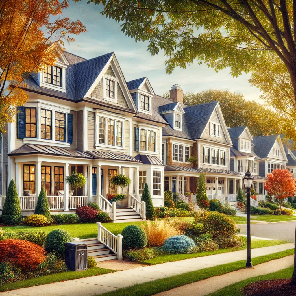 DALL·E 2025 02 18 00.46.50 A picturesque suburban neighborhood in Lexington MA showcasing a row of elegant colonial style homes with well manicured lawns and tree lined street