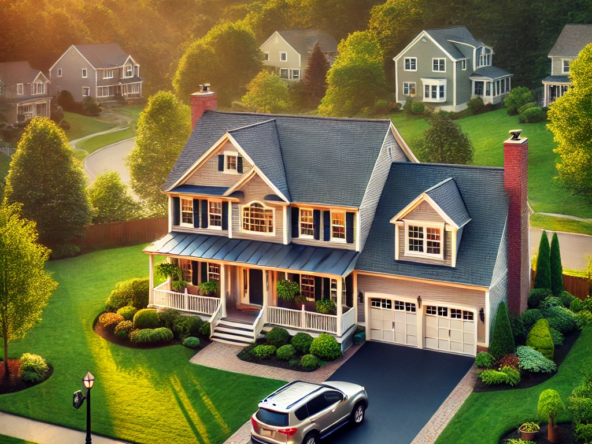 DALL·E 2025 02 18 14.10.19 A beautiful suburban home in Wrentham MA featuring a well maintained lawn a two story colonial style house with a welcoming front porch and a driv