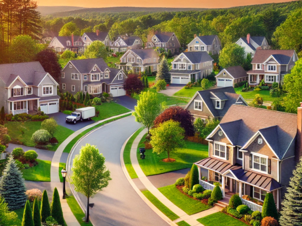 DALL·E 2025 02 18 14.22.20 A picturesque suburban neighborhood in Mansfield MA featuring beautiful single family homes with well manicured lawns tree lined streets and a wel
