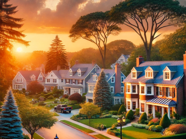 DALL·E 2025 02 18 14.33.43 A picturesque suburban neighborhood in Westwood MA featuring beautiful colonial style houses with manicured lawns tree lined streets and a warm su