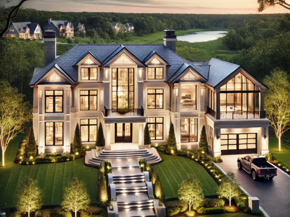 DALL·E 2025 02 19 00.22.30 A luxurious modern home in Acton MA featuring a grand entrance large windows and beautifully landscaped surroundings. The home has a spacious driv