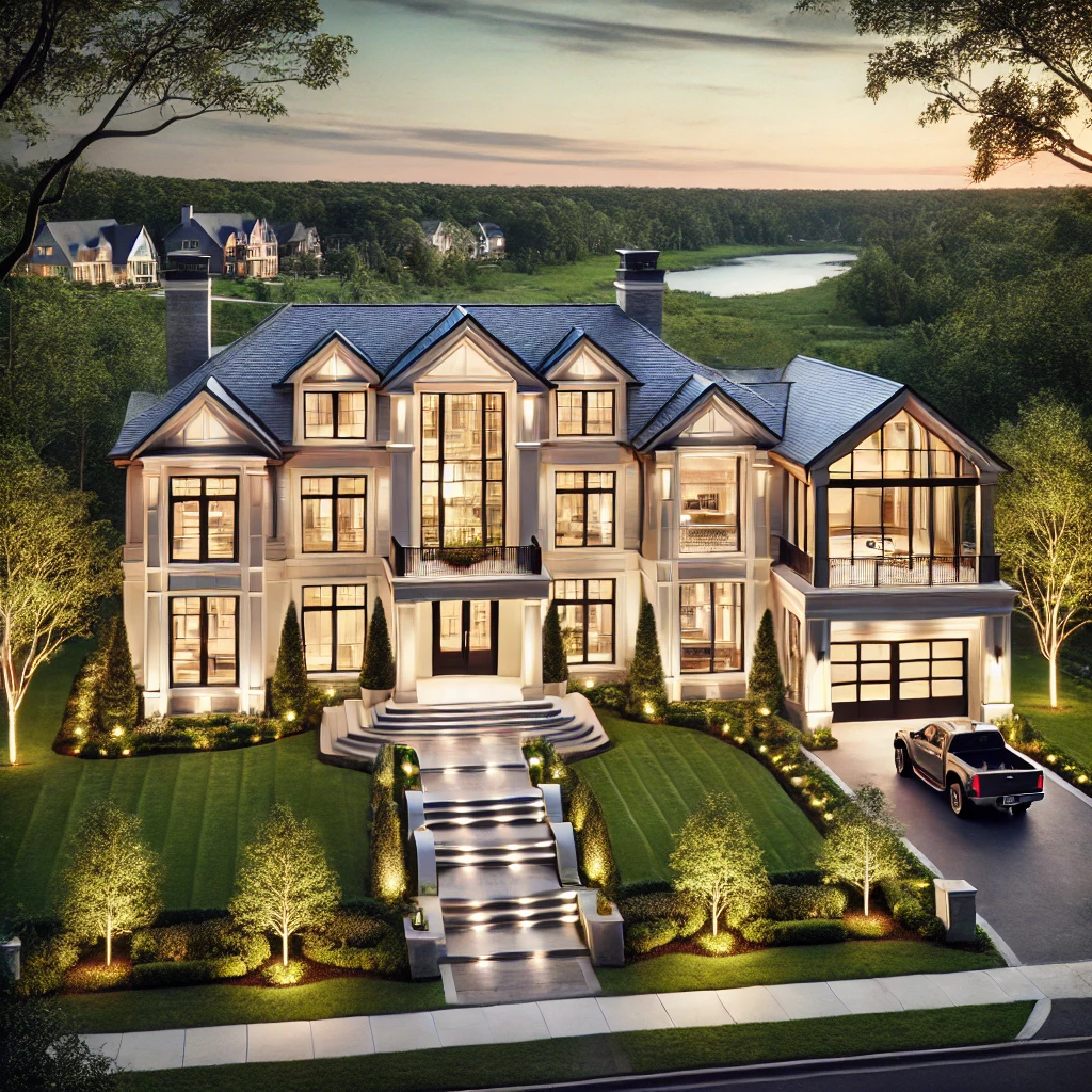 DALL·E 2025 02 19 00.22.30 A luxurious modern home in Acton MA featuring a grand entrance large windows and beautifully landscaped surroundings. The home has a spacious driv