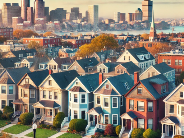 DALL·E 2025 02 19 00.34.26 A picturesque view of affordable homes in Boston featuring a mix of modern and traditional houses with a city skyline in the background. The homes ar