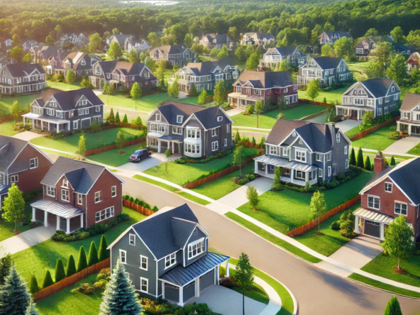 DALL·E 2025 02 19 00.48.36 A scenic view of a residential neighborhood in Burlington MA showcasing modern single family homes with well maintained lawns tree lined streets a