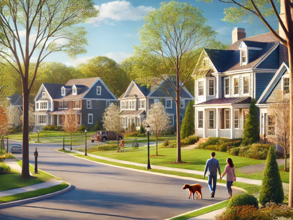 DALL·E 2025 02 19 13.40.14 A picturesque suburban neighborhood in Grafton MA showcasing a row of beautiful single family homes with manicured lawns and tree lined streets. The
