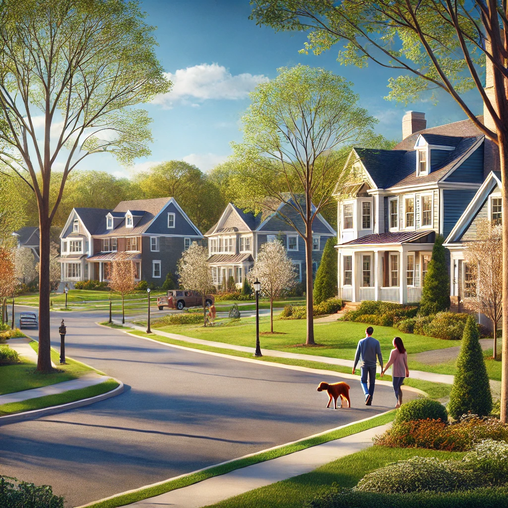 DALL·E 2025 02 19 13.40.14 A picturesque suburban neighborhood in Grafton MA showcasing a row of beautiful single family homes with manicured lawns and tree lined streets. The