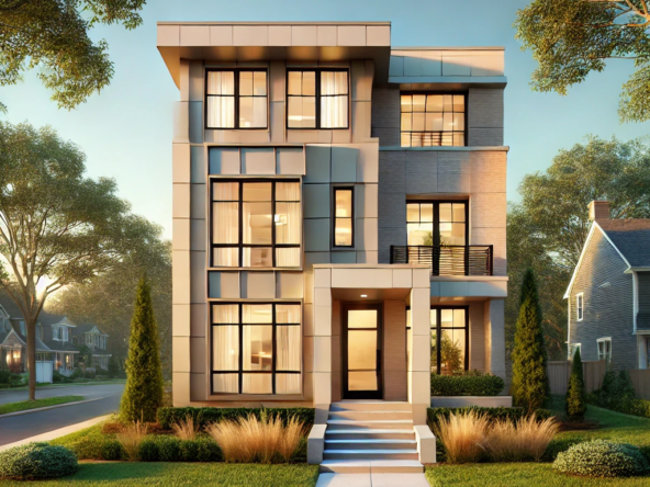 DALL·E 2025 02 19 13.51.31 A modern newly constructed home in Natick MA. The house features a contemporary design with large windows a well manicured front lawn and a stylis