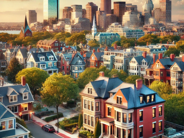 DALL·E 2025 03 26 12.21.34 A stunning cityscape of Boston MA featuring a mix of modern and historic homes. The image showcases a vibrant neighborhood with charming brownstones