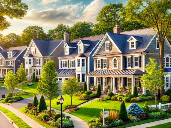 DALL·E 2025 03 27 12.35.48 A picturesque suburban neighborhood in Grafton MA featuring beautiful single family homes with well manicured lawns tree lined streets and a peace
