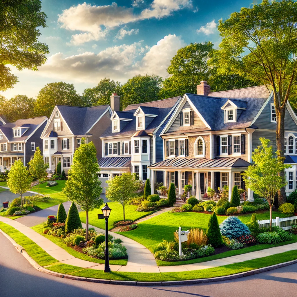 DALL·E 2025 03 27 12.35.48 A picturesque suburban neighborhood in Grafton MA featuring beautiful single family homes with well manicured lawns tree lined streets and a peace