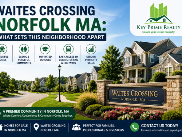Homes and neighborhood view at Waites Crossing in Norfolk MA featuring a peaceful suburban setting.